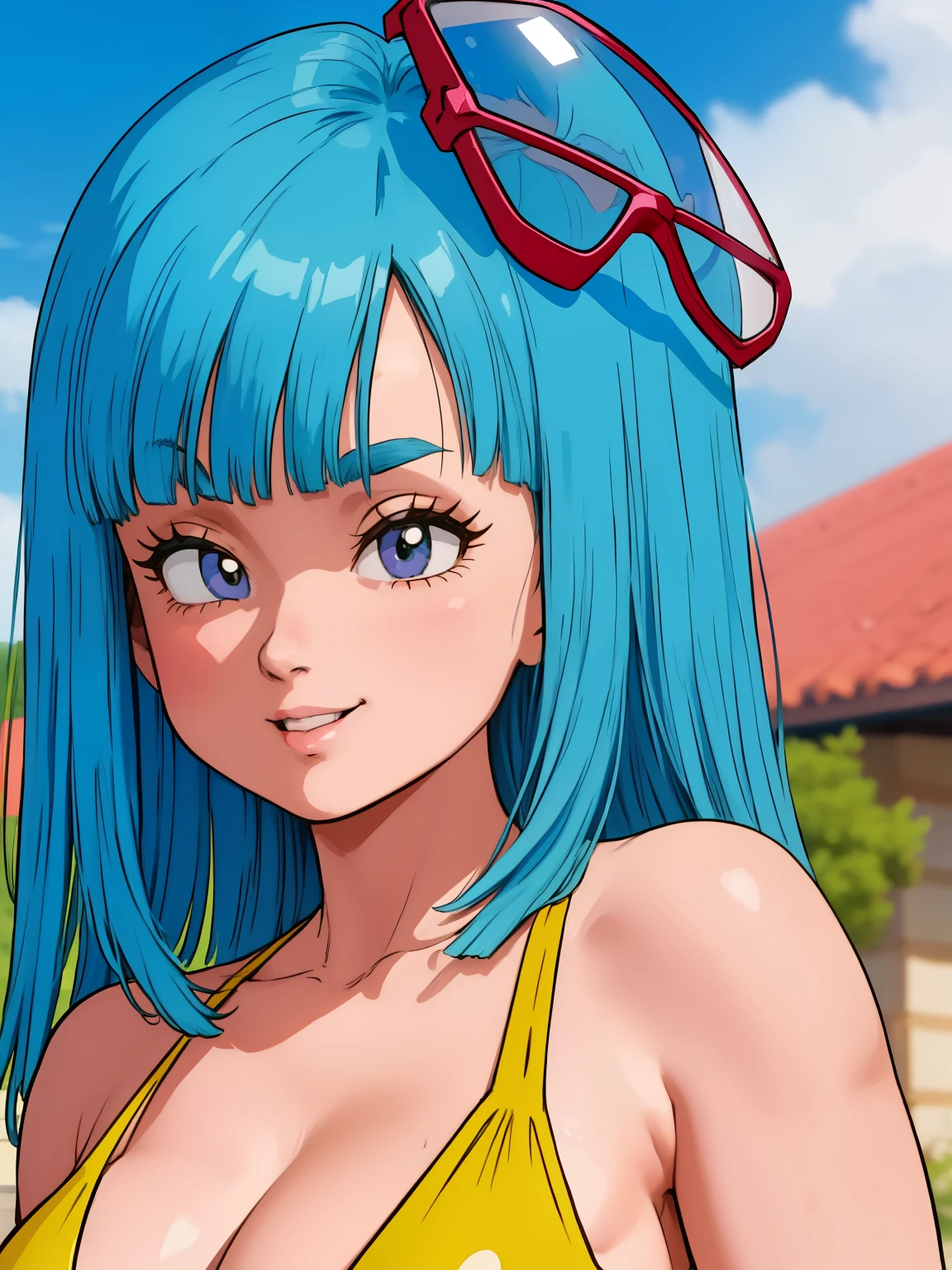 Maron_dbzgirl, high resolution, melhor qualidade, Obra de arte, 8K_definition, detalhes intrincados, UHD, linda garota sozinha, ((in a tight yellow swimsuit)), decote profundo peituda, (Mamilos duros)), (cabelo liso azul claro, franjas), grandes olhos azuis, kind smile, (thick lips), ((rosto corado)), big eyelashes, (((aperto de peito))), (sunglasses on hair), Dia ensolarado, sky background, nuvens, ((Amazing details on the face)), foto em close, ((seen from the angle below))