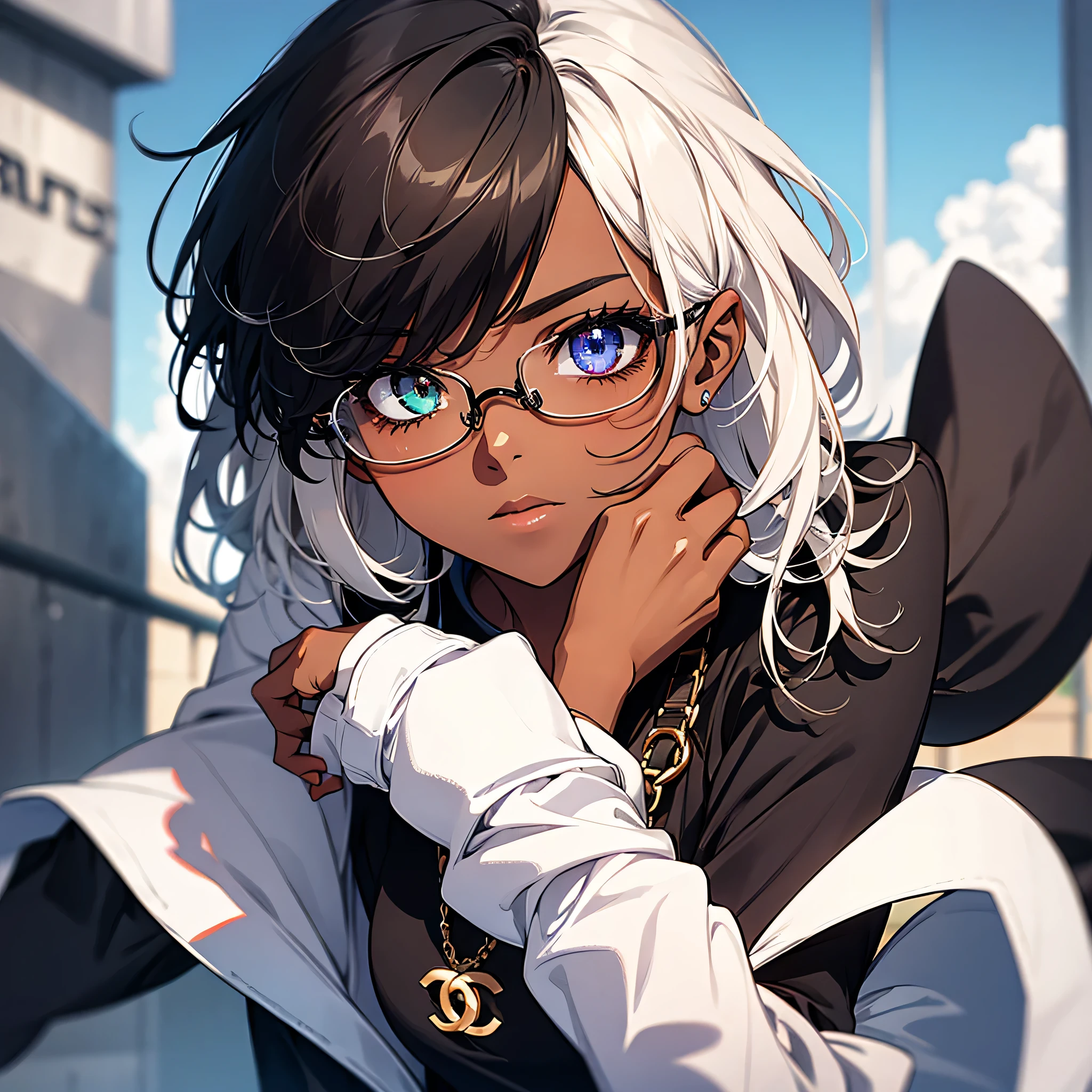1girl, darkskin, chanel hair, heterochromia, glasses