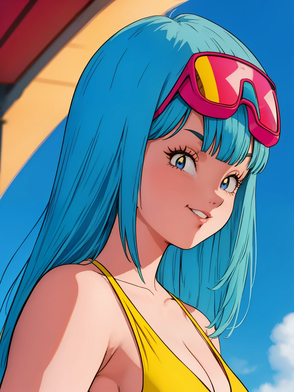 Maron_dbzgirl, high resolution, melhor qualidade, Obra de arte, 8K_definition, detalhes intrincados, UHD, linda garota sozinha, ((in a tight yellow swimsuit)), decote profundo peituda, (Mamilos duros)), (cabelo liso azul claro, franjas), grandes olhos azuis, kind smile, (thick lips), ((rosto corado)), big eyelashes, (((aperto de peito))), (sunglasses on hair), Dia ensolarado, sky background, nuvens, ((Amazing details on the face)), foto em close, ((seen from the angle below))