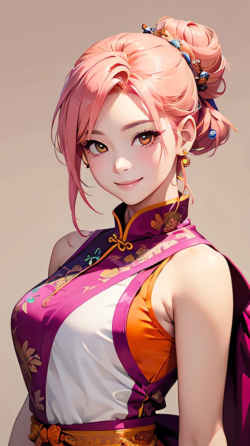 highest quality、Realistic、Women、zoom、cute、Orange Eyes、Pink hair、Bun Hair、Sleeveless cheongsam、smile、Looking down、smile、Bust Shot、