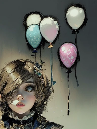 there is a drawing of a woman with balloons in the air, baloons, balloons, colored screentone, inspired by Esao Andrews, post grunge concept art, blurry and dreamy illustration, holding a balloon, colored sketch, colored illustration, !!!esao andrews!!!, inspired by Hovsep Pushman, balloon, colored, digitally colored