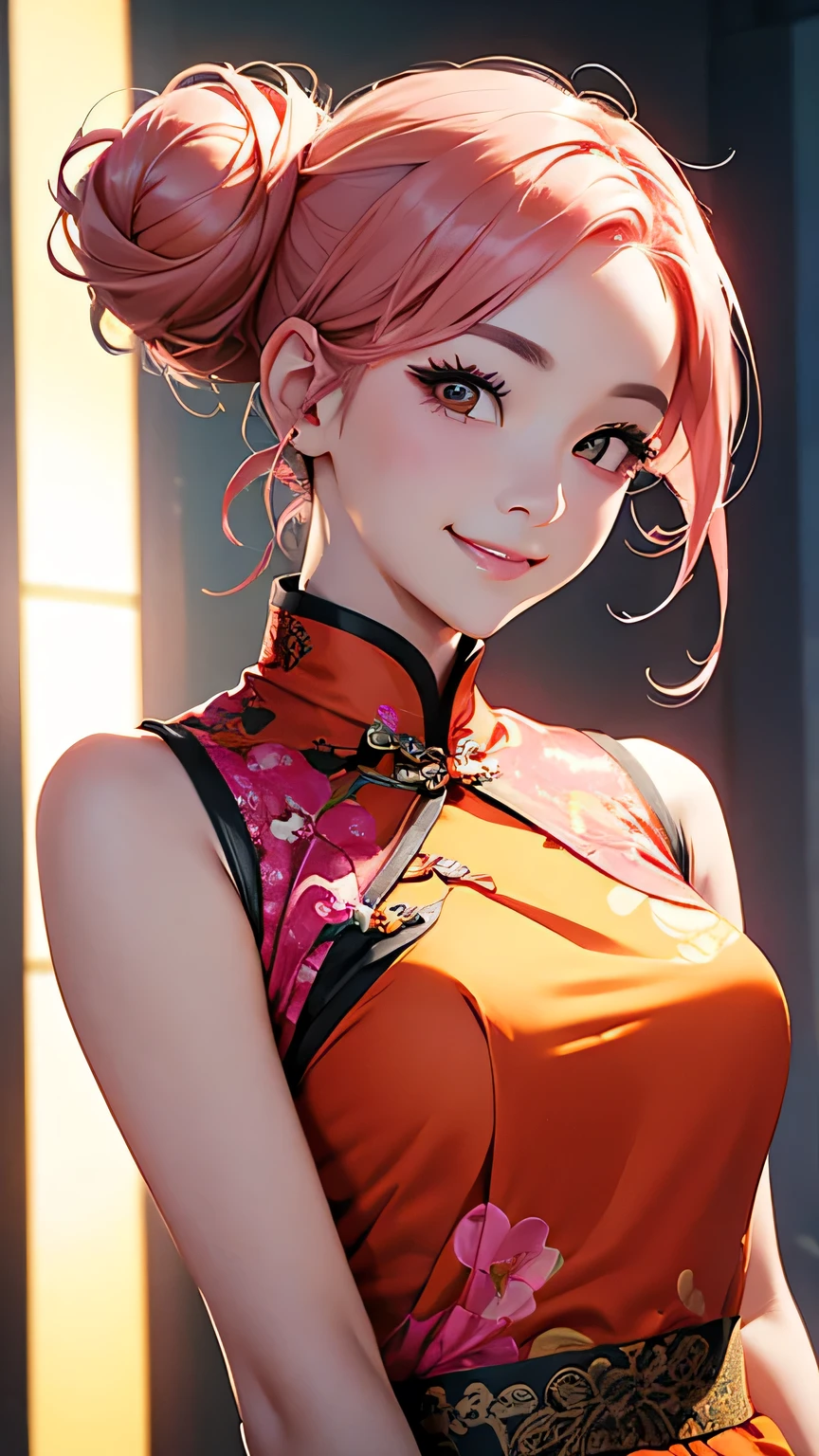 highest quality、Realistic、Women、zoom、cute、Orange Eyes、Pink hair、Bun Hair、Sleeveless cheongsam、smile、Looking down、smile、Bust Shot、