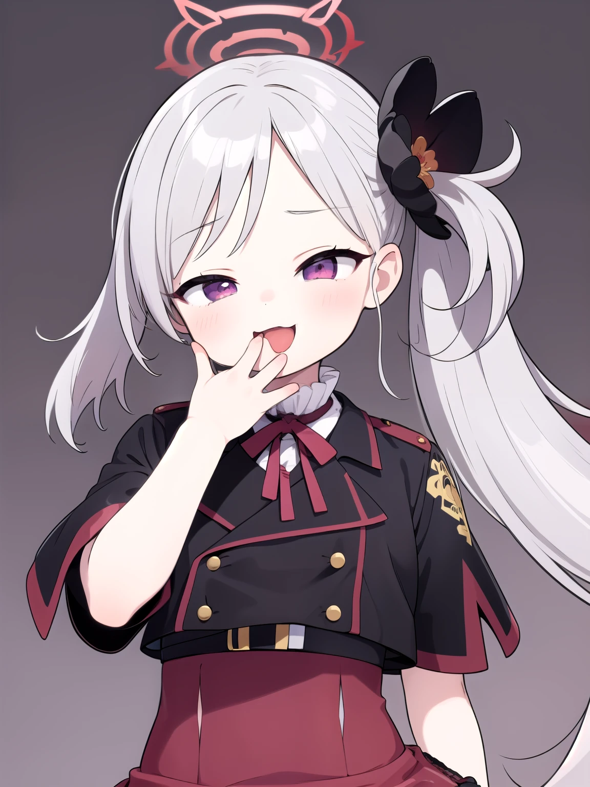 1girl, :3, , upper body, hand to own mouth, looking at viewer, half-closed eyes, masterpiece,best quality,very aesthetic,absurdres, masterpiece, best quality, ultra-detailed, illustration, 1girl, bangs, black jacket, blush, flower, grey hair, hair ornament, halo, high-waist skirt, jacket, long hair, looking at viewer, mutsuki, open mouth, purple eyes, red skirt, short sleeves, side ponytail, skirt, smile, solo, standing
