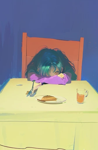 there is a drawing of a girl sitting at a table with a plate of food, emo girl eating pancakes, at a dinner table, having an awkward dinner date, lunch time on uranus, with a sad expression, sad colors, mood painting, sitting at a table, tired and haunted expression, hungover, sadness personified, sad mellow vibes
