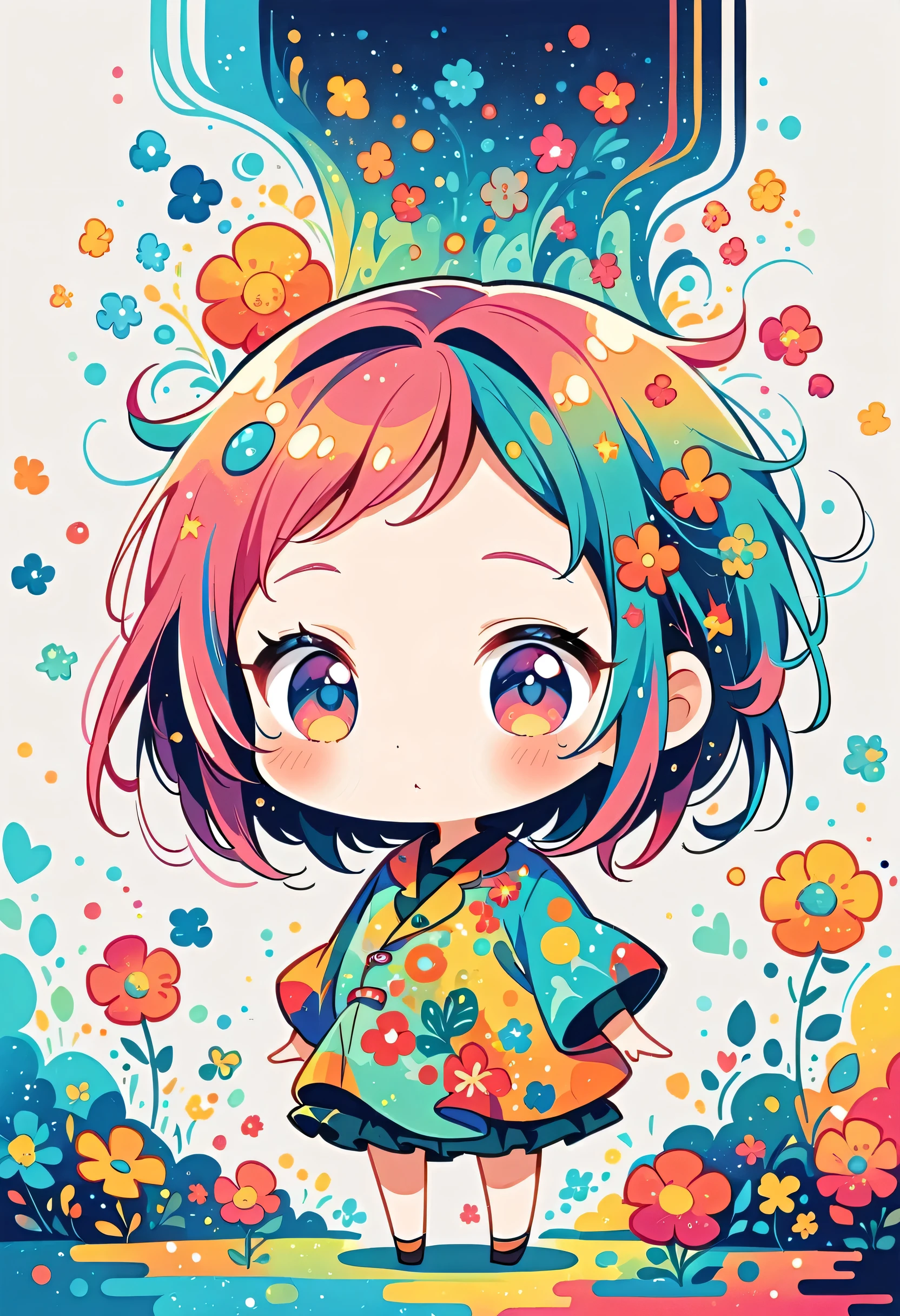 Watase Seizo style, Standing in front of a high wall,Simple Line Initialism,Abstract art,galactic universe Background, (((The most beautiful girl))), (((chibi))), colorful flowers,