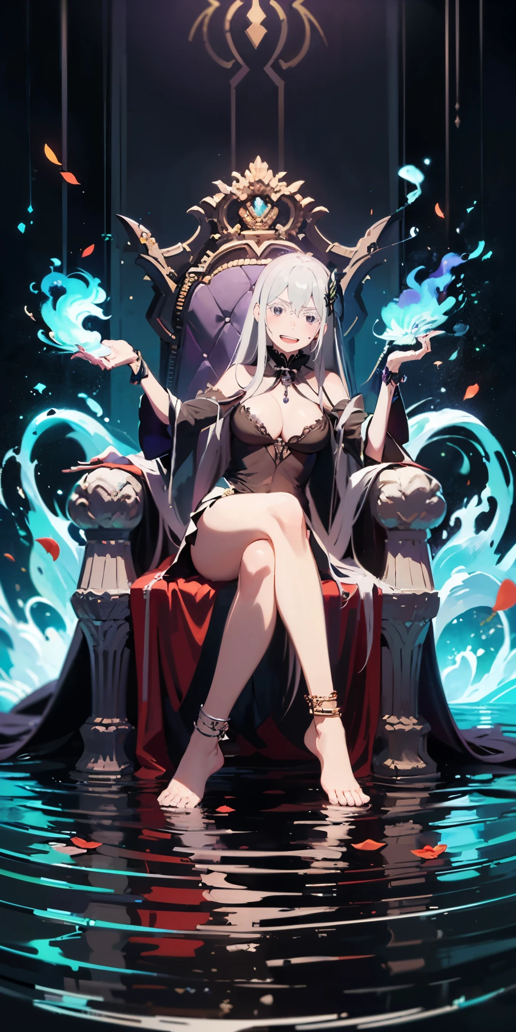 (silver hair, long hair, purple eyes:1.4),  breasts, jewelry, 1girl, solo, anklet, sitting, cleavage, detached_sleeves, barefoot, bare_shoulders, bracelet, water, large_breasts, looking_at_viewer, smile, dress, hair_ornament, magic, fire, flower, very_long_hair, full_body, mole, wide_sleeves, bangs, feet, medium_breasts, thighs, petals, crossed_legs, 
BREAK. "Vector art, Vivid colors, Clean lines, Sharp edges, Minimalist, Precise geometry, Simplistic, Smooth curves, Bold outlines, Crisp shapes, Flat colors, Illustration art piece, High contrast shadows, Technical illustration, Graphic design, Vector graphics, High contrast, Precision artwork, Linear compositions, Scalable artwork, Digital art"