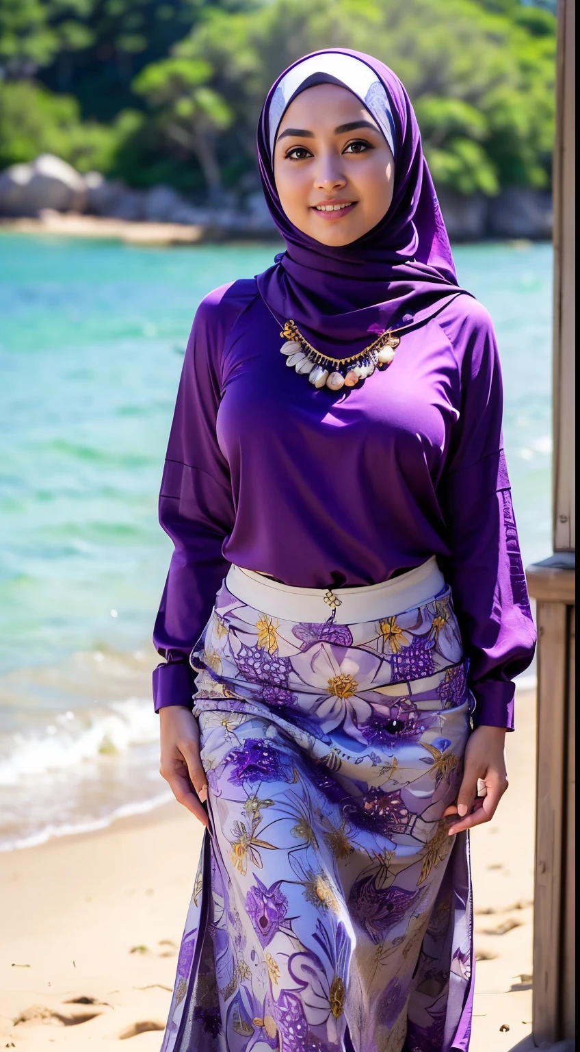 RAW, Best quality, high resolution, Masterpiece: 1.3), Beautiful Malay woman in hijab, Masterpiece, Perfect slim body, Beautiful big eyes, Watery eyes, Soft smile, seductive, stimulating lips, Wet lips, Big breasts, ((Wearing a shirt Malay tight purple with floral motifs, batik, covered hijab)), simple diamond necklace, ((closed clothes), ((simple clothes)),((wearing a long pliskit skirt loose to the ankles, purple sundresses),((all over body: 1.2)) smiling, windy, skin details, skin texture details, thick thighs, sexy body, morning time, smiling, happy, bright sunshine, sea beach, blurred background, bokeh