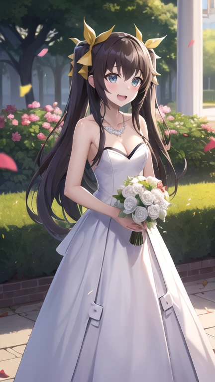 masterpiece, best quality, highres, Huang Lingyin, long hair, twintails, hair ribbon, small breasts, wedding dress, cleavage, necklace, white dress, garden, standing, holding bouquet, open mouth, smile, confetti,