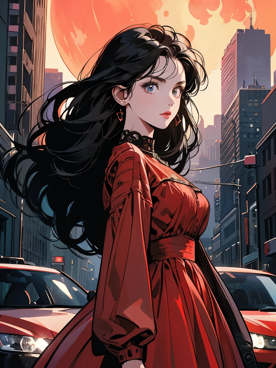 Advanced Background, Best Resolution, Complex Background, (Woman in Red Long Sleeved Dress), (Standing In Front of One Car), Futuristic City, Movie Poster, , (Night), Detailed Hair, Strong Eyes, Black Hair, Detailed Car, (Moon), Pale Lighting, Highlights, 8K, Billboard, Traffic Light, Crosswalk