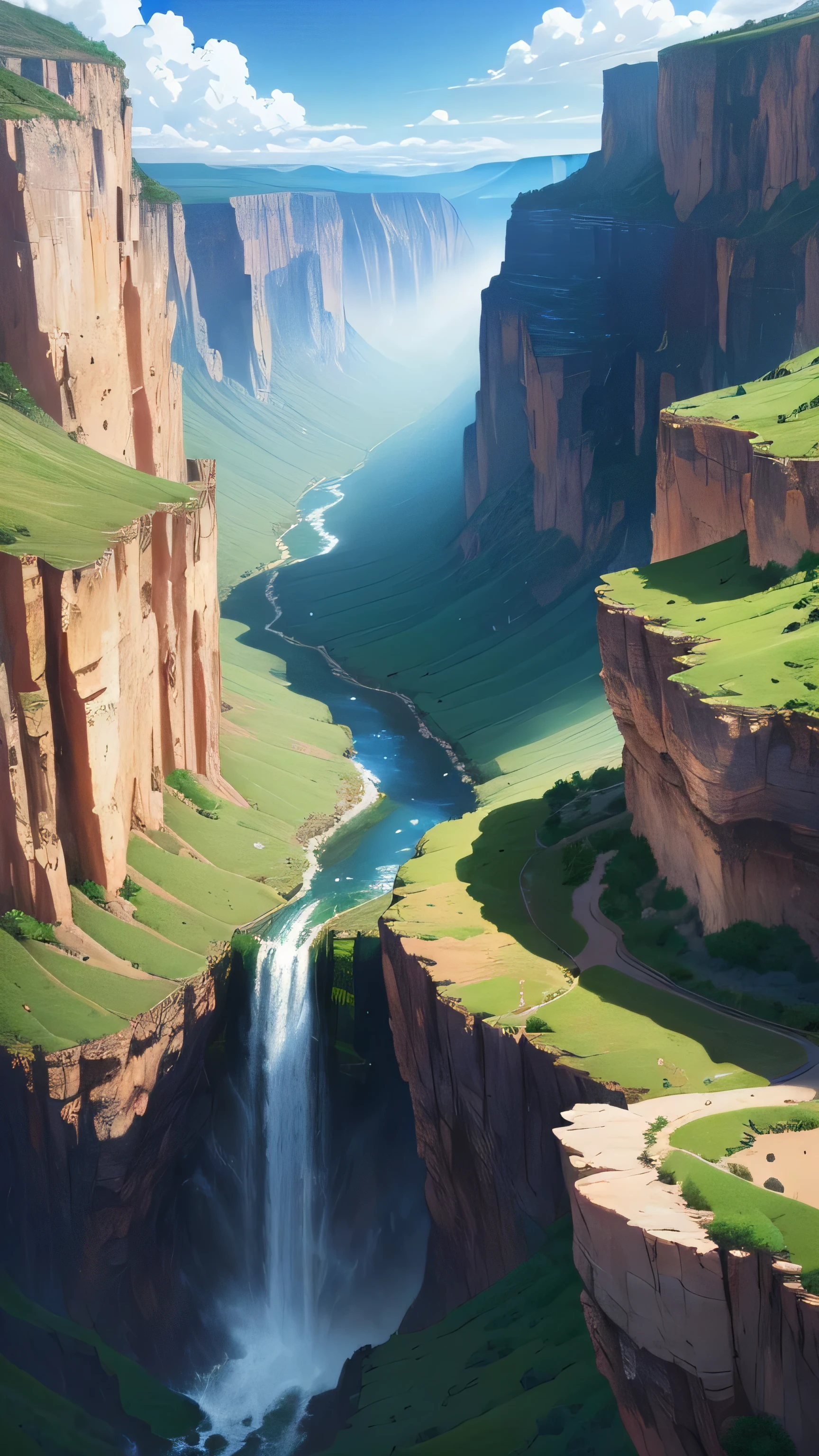 painting of a canyon and a mountain with a waterfall in the foreground, anime landscape, anime landscape wallpaper, anime nature, anime beautiful peace scene, beautiful anime scenery, anime nature wallpap, anime scenery, anime art wallpaper 4k, anime countryside landscape, anime art wallpaper 4 k, scenery artwork, scenery wallpaper, japanese art style, anime background, beautiful anime scene