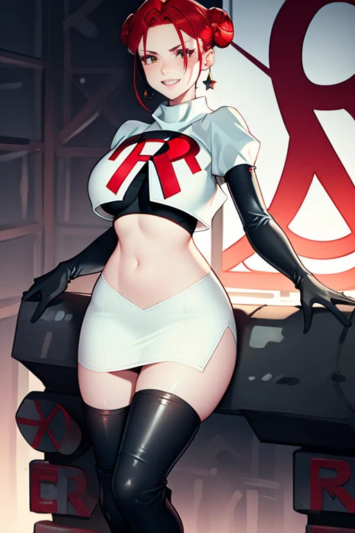 feMonica,red hair, hair bun, red eyes ,glossy lips , Team rocket, team rocket uniform, red letter R, white skirt,white crop top,black thigh-high boots, black elbow gloves, evil smile, earrings, large breasts, sexy pose