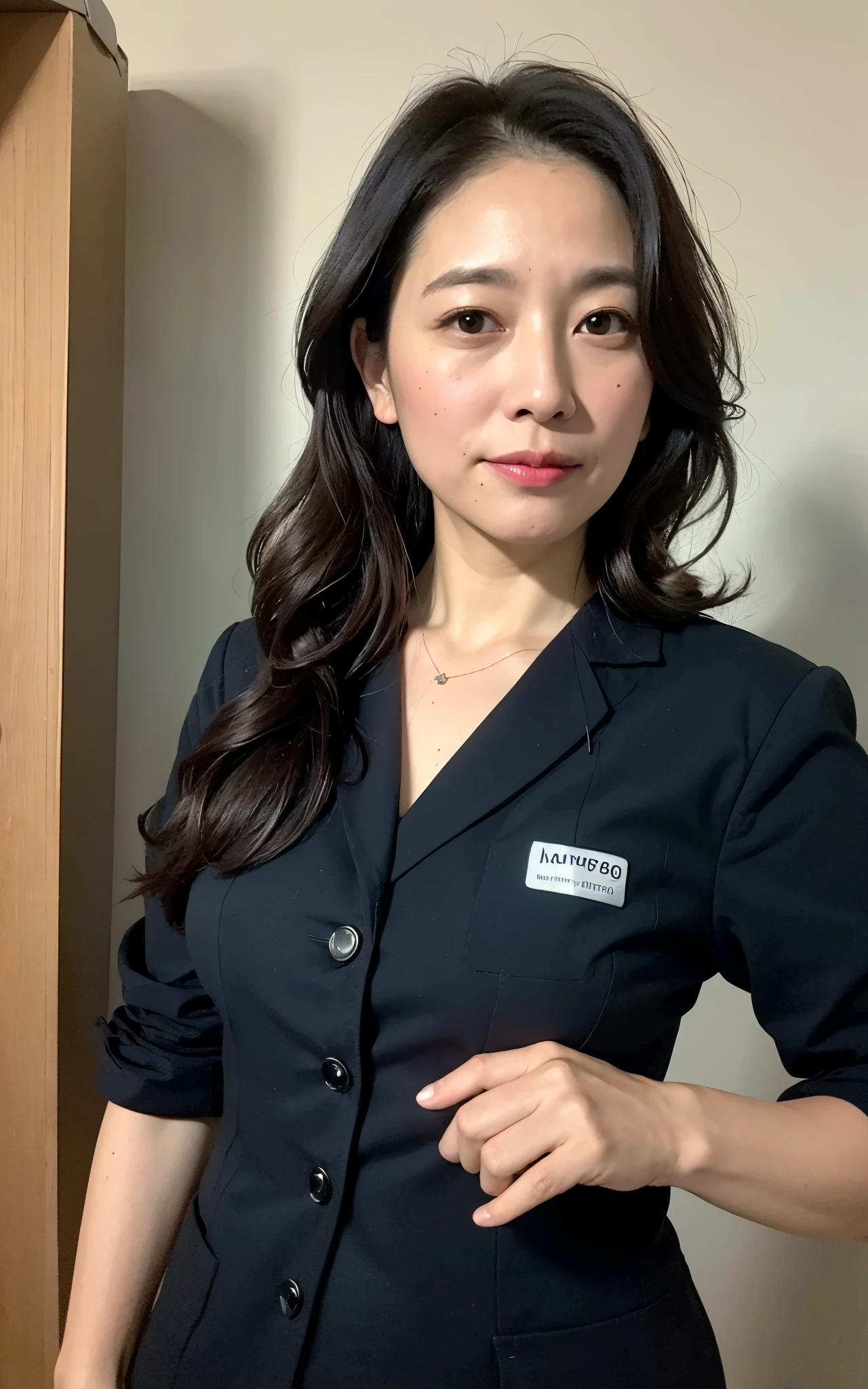 ((Best Quality, 8k, Masterpiece: 1.3)), Photorealistic, Sharp Focus, High Quality, High Definition, Portrait, Solo, Japan, Middle Aged Woman, Beauty, 43 years old, Plump, Wavy Hair, receptionist uniform, Wrinkles at the corners of the eyes:0.5, Narrow backyard, Lots of boxes, Lots of files, Dark background