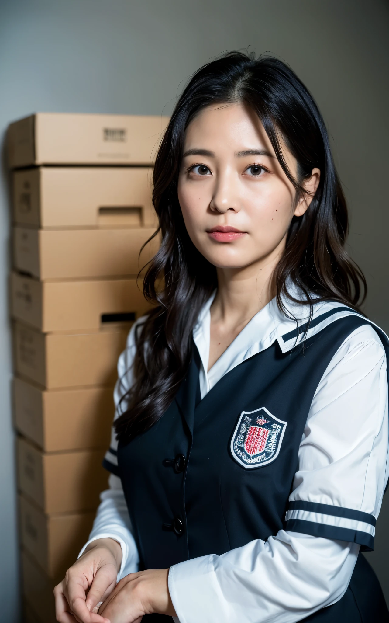 ((Best Quality, 8k, Masterpiece: 1.3)), Photorealistic, Sharp Focus, High Quality, High Definition, Portrait, Solo, Japan, Middle Aged Woman, Beauty, 43 years old, Plump, Wavy Hair, receptionist uniform, Wrinkles at the corners of the eyes:0.5, Narrow backyard, Lots of boxes, Lots of files, Dark background