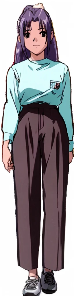 Momoko Koigakubo, a tall woman with beautiful legs, is standing with a smile on her face in a light blue outfit and brown long pants.。
