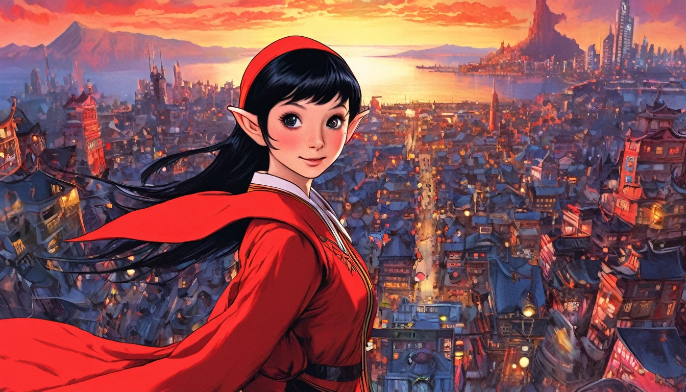 1girl, expressive eyes, smug face, sneaky smile, elf ears, black hair, hair in front of one eye, red patterned clothes, big urban city in sunset in background, cute ghost in background, detail richness, masterpiece, best quality