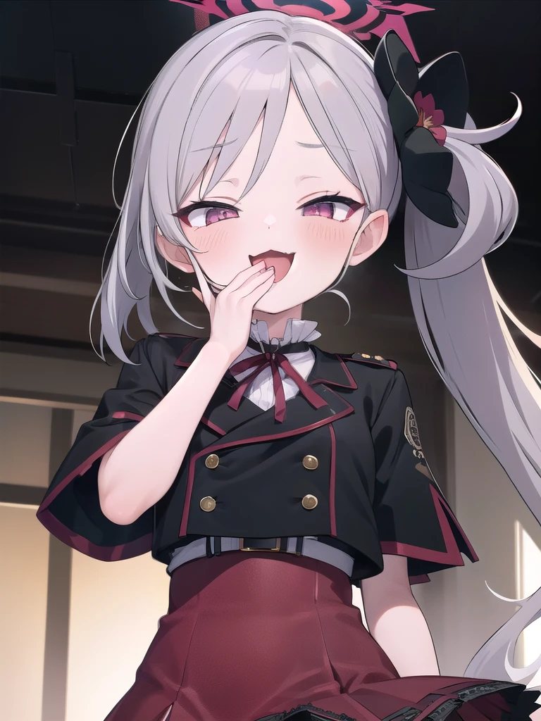 Masterpiece, hd, mesugaki, msgk expression, 1girl, :3, , upper body, hand to own mouth, looking at viewer, half-closed eyes, masterpiece,best quality,very aesthetic,absurdres, masterpiece, best quality, ultra-detailed, illustration, 1girl, bangs, black jacket, blush, flower, grey hair,  hair ornament, halo, high-waist skirt, jacket, long hair, looking at viewer, mutsuki, open mouth, purple eyes, red skirt, short sleeves, side ponytail, skirt, smile, solo, standing 