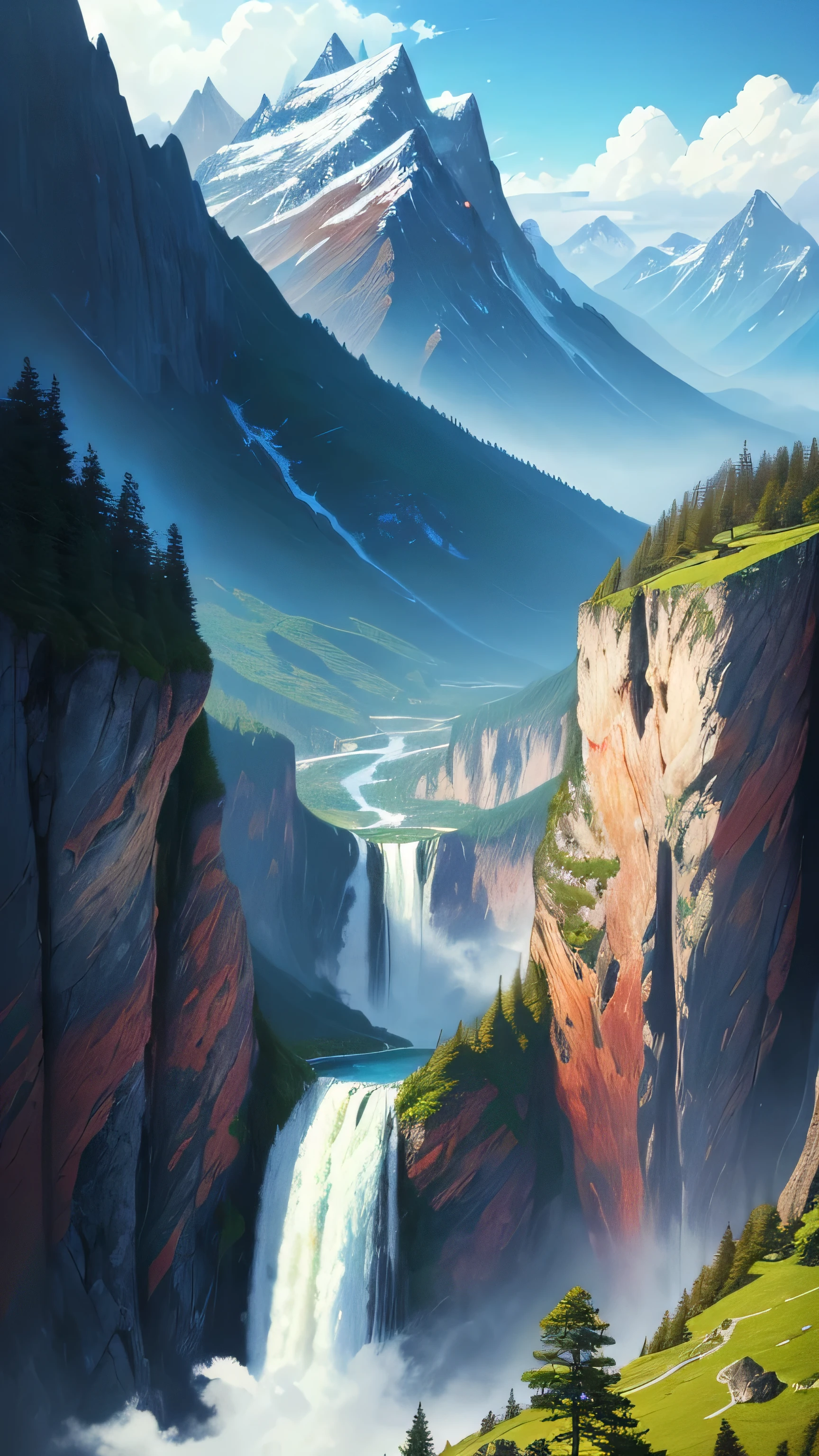 painting of a waterfall and a mountain with a waterfall in the foreground, anime landscape, anime landscape wallpaper, anime nature, anime beautiful peace scene, beautiful anime scenery, anime nature wallpap, anime scenery, anime art wallpaper 4k, anime countryside landscape, anime art wallpaper 4 k, scenery artwork, scenery wallpaper, japanese art style, anime background, beautiful anime scene