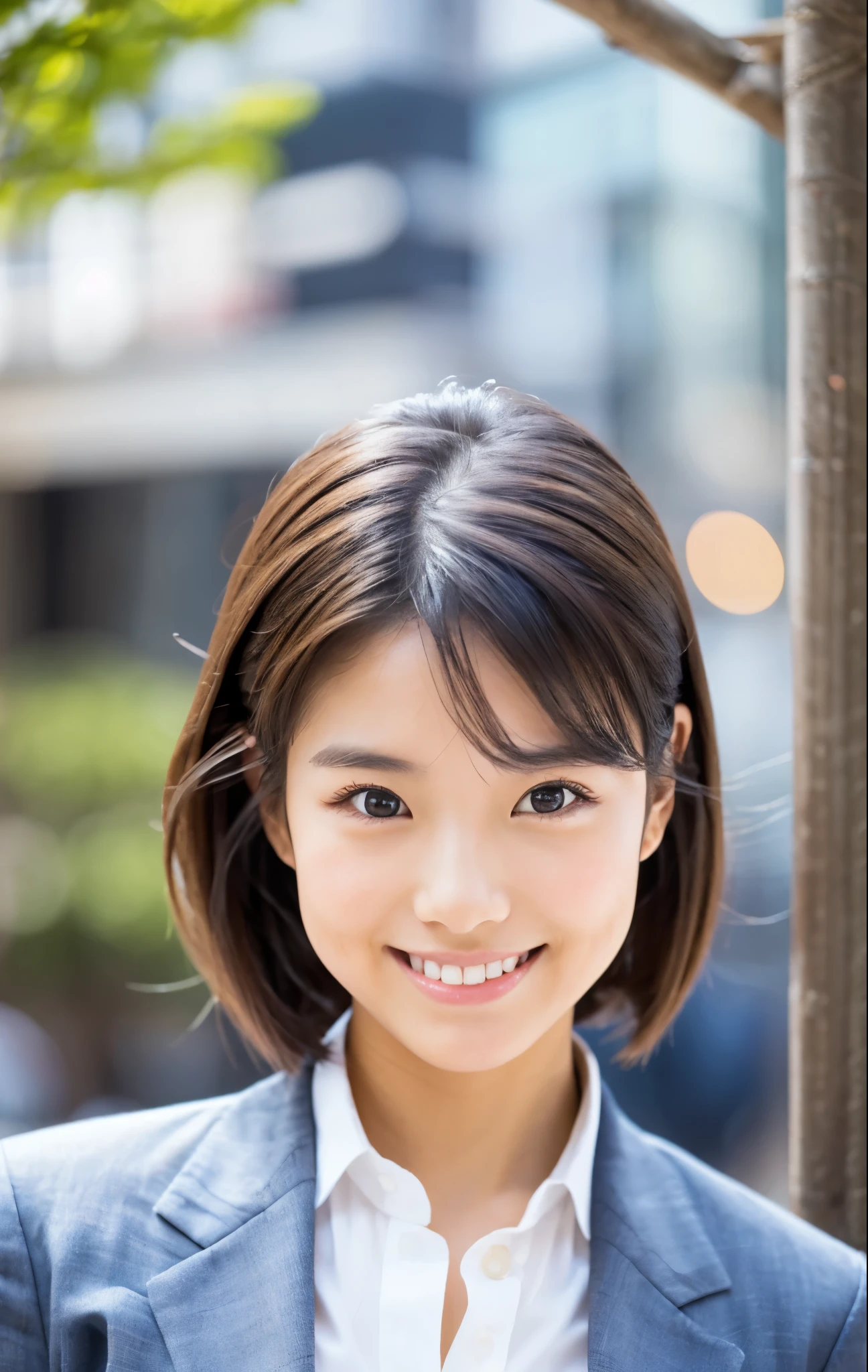 Browsing Caution,Tabletop,(super high quality),Japanese Girls,A delicate face during lunch,Delicate skin,Delicate nose,Delicate lips,Delicate Hair,Beautiful Face,Viewer facing angle,Laugh and have fun,Stylish cafe,Beautiful cityscape,Smooth medium-long chignon,Delicate eyes(Lifelike eyes),Gray business suit,Around 24 years old,Good weather,Professional Lighting,
