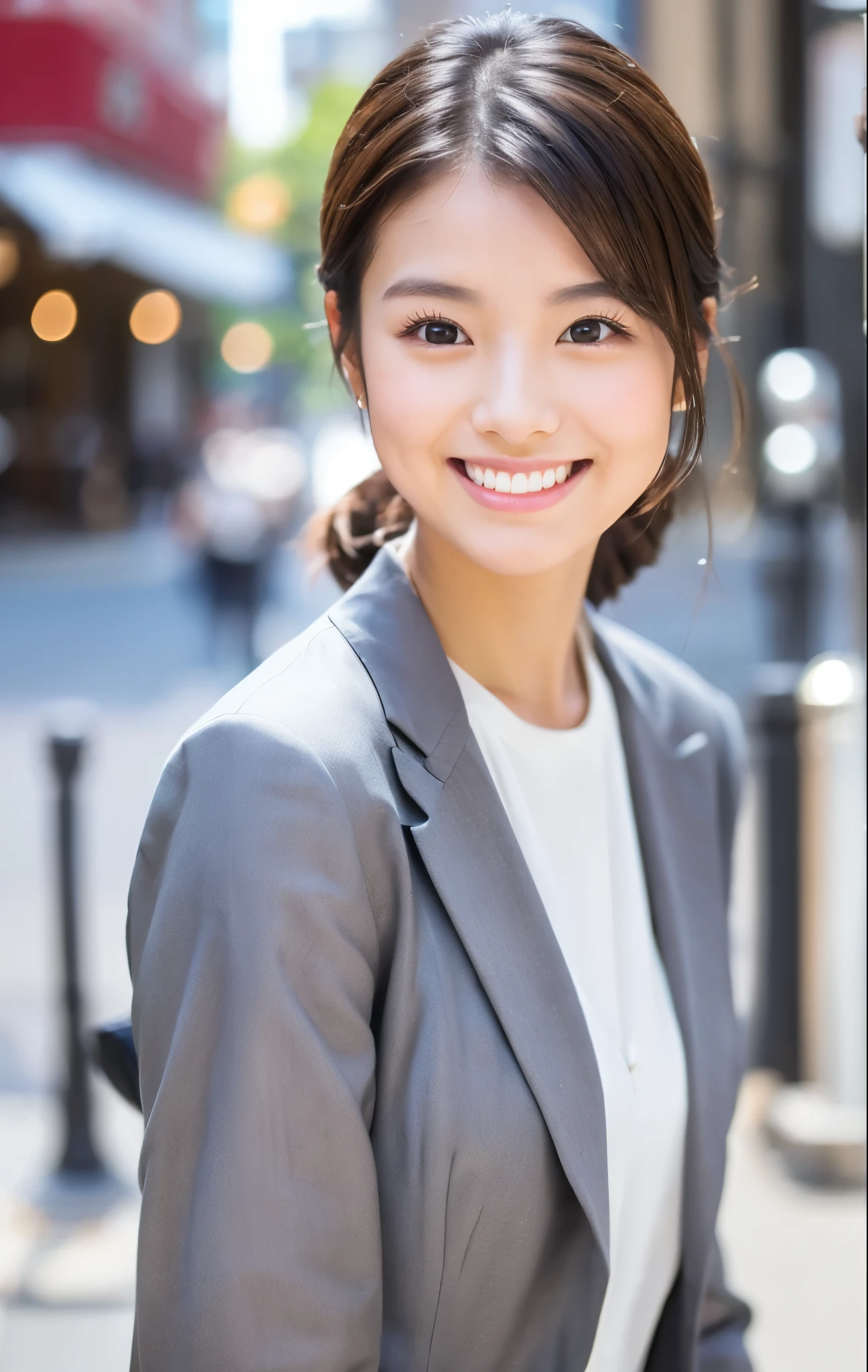 Browsing Caution,Tabletop,(super high quality),Japanese Girls,A delicate face during lunch,Delicate skin,Delicate nose,Delicate lips,Delicate Hair,Beautiful Face,Viewer facing angle,Laugh and have fun,Stylish cafe,Beautiful cityscape,Smooth medium-long chignon,Delicate eyes(Lifelike eyes),Gray business suit,Around 24 years old,Good weather,Professional Lighting,