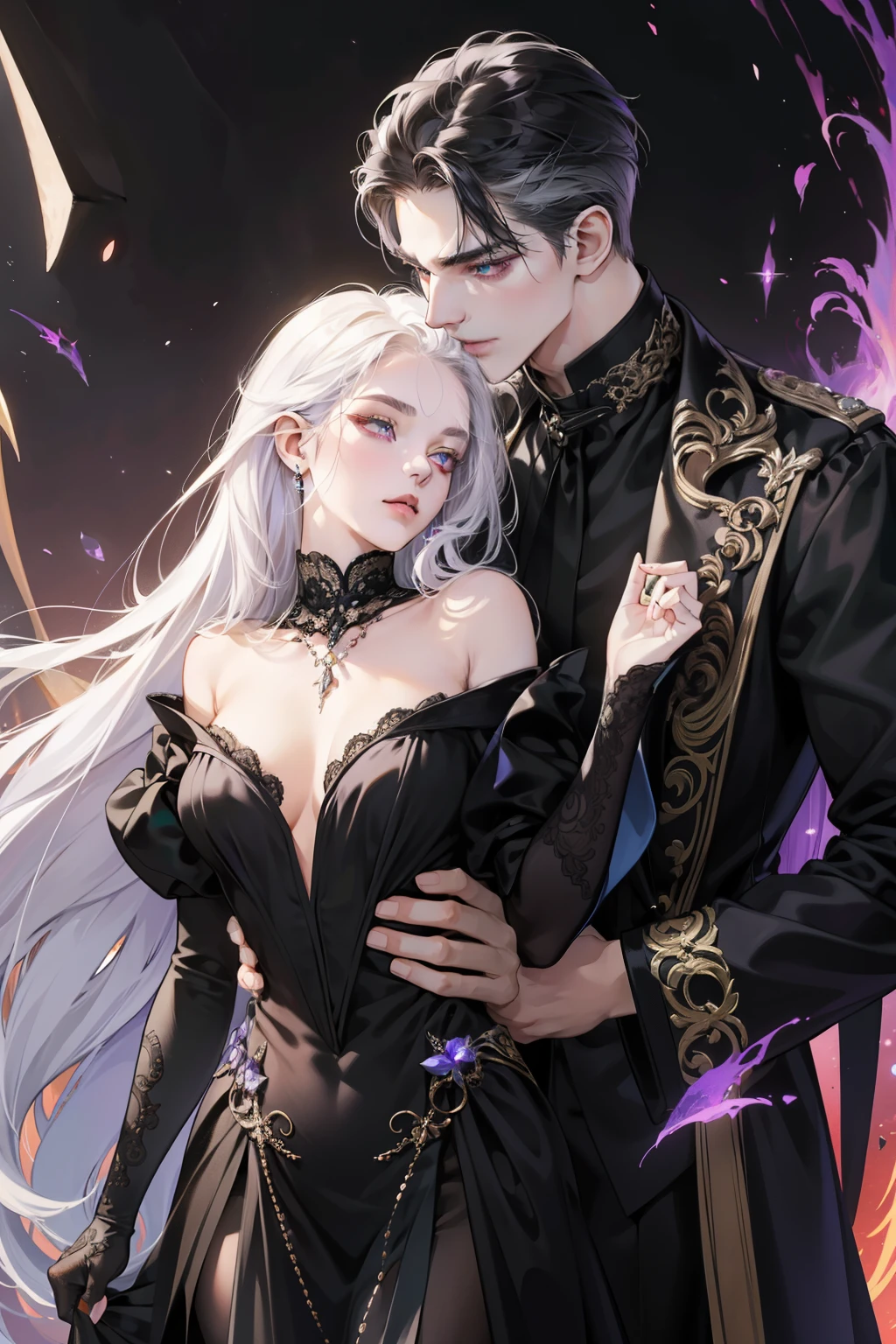 2 Couples:
(Ultra-detailed, hyper-realistic, high resolution)
1 Girl, a mystical beauty with long, white hair and dramatic purple eyes, adorned with dragon pupils, her ethereal skin contrasting against the glossy black gown she wears, reminiscent of a heavenly black dress or a black queen dress, intricately detailed with silver accents, her lips glossed to a shimmering sheen. She is slender and lithe, exuding a sensual air.

1 Man, a distinguished figure with raven black hair cut short, piercing green eyes hinting at his imposing presence, and dragon pupils