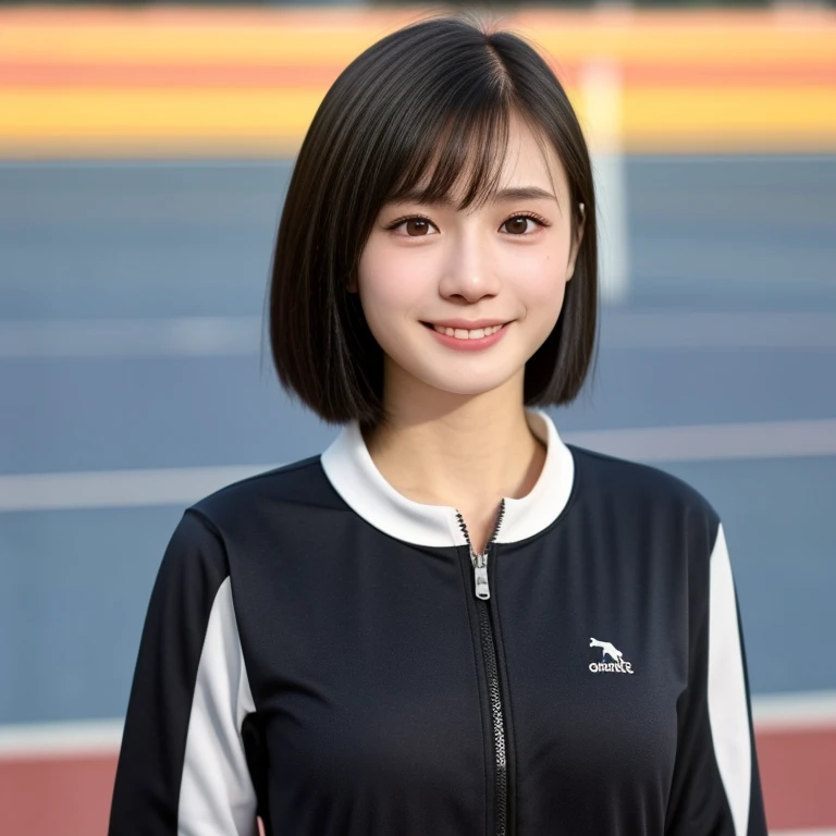 (kawaii 24 year-old Japanese girl, Nogizaka idol, Korean idol, track and field player), healthy female athlete body, (glossy black hair, very short hair, pixie cut, bangs:1.2), beautiful black eyes, rounded face, single eyelid, (no makeup:1.2), (big laughing), (track jacket, sports leggins), extra small breasts, BREAK, (track and field stadium background, summer, sunny day:1.2), (dynamic angle, bust shot:1.2), BREAK, (masterpiece, best quality, photo realistic, official art:1.4), (UHD, 8K quality wallpaper, high resolution, raw photo, golden ratio:1.3), (shiny skin), professional lighting, physically based rendering, award winning, (highly detailed skin texture, extremely detailed face and eyes textures), Carl Zeiss 300 mm F/2.8, depth of field, (1girl, solo),
