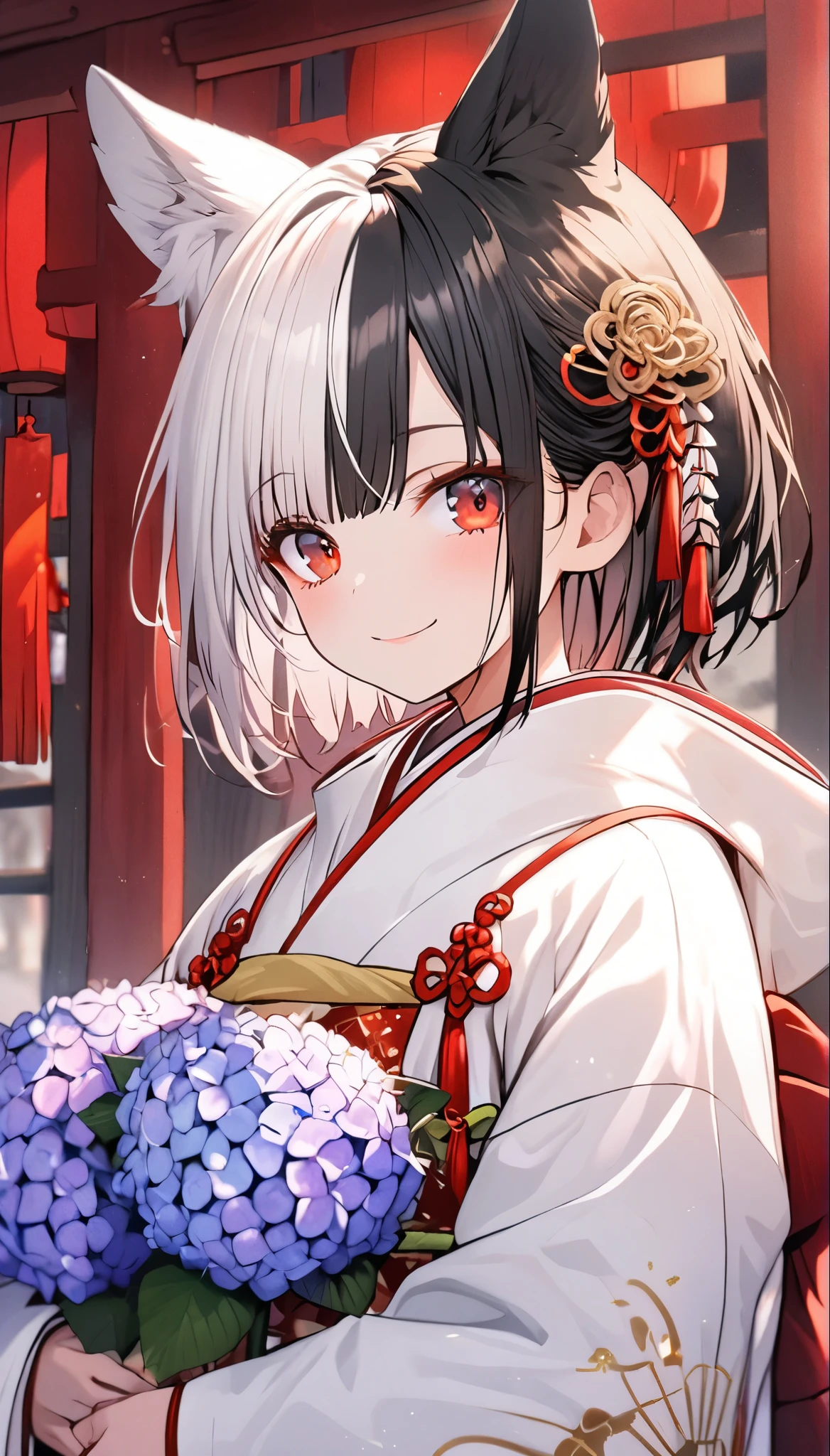 1girl, solo, looking at viewer, smile, short hair, bangs, long sleeves, holding, animal ears, standing, flower, japanese clothes, black hair, red eyes, white hair, multicolored hair, two-tone hair, tattoo, ((split-color hair)), hood, wide sleeves, kimono, white kimono, uchikake, wataboushi, background full of hydrangea flowers, upper body