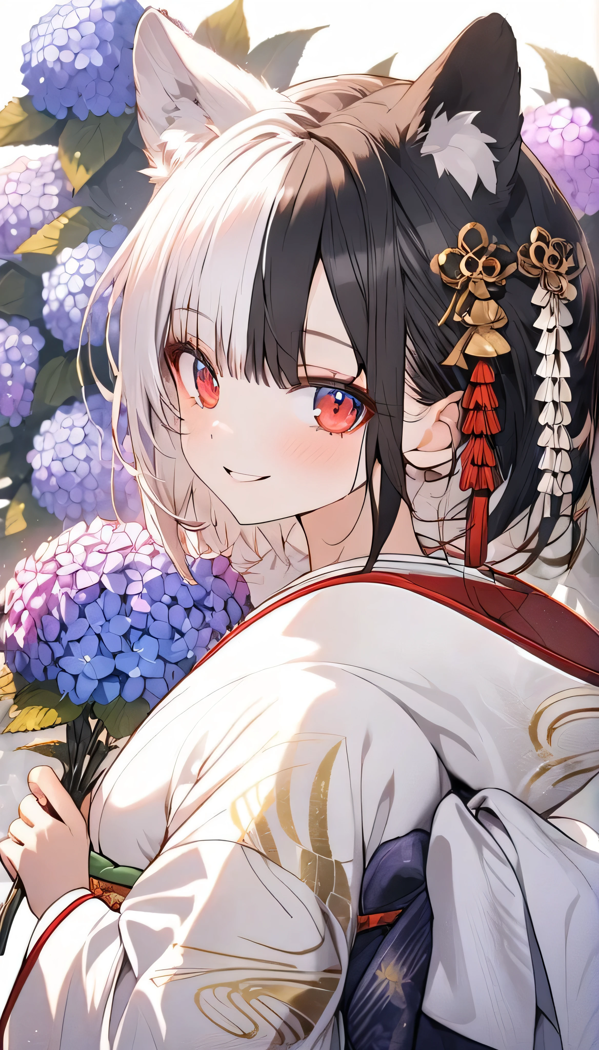 1girl, solo, looking at viewer, smile, short hair, bangs, long sleeves, holding, animal ears, standing, flower, japanese clothes, black hair, red eyes, white hair, multicolored hair, two-tone hair, tattoo, ((split-color hair)), hood, wide sleeves, kimono, white kimono, uchikake, wataboushi, background full of hydrangea flowers, upper body