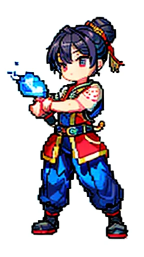 古代中国の鎧をwhole bodyに着た男性、Clever man、Looking into the camera、His hair is in a bun and wrapped in cloth、Only one topknot、Black Hair、Stand and pose、Pixel art、(masterpiece, highest quality, highest quality), pixel,pixel art,whole body,Characters in Romance of the Three Kingdoms、Transform、Short Deformation、