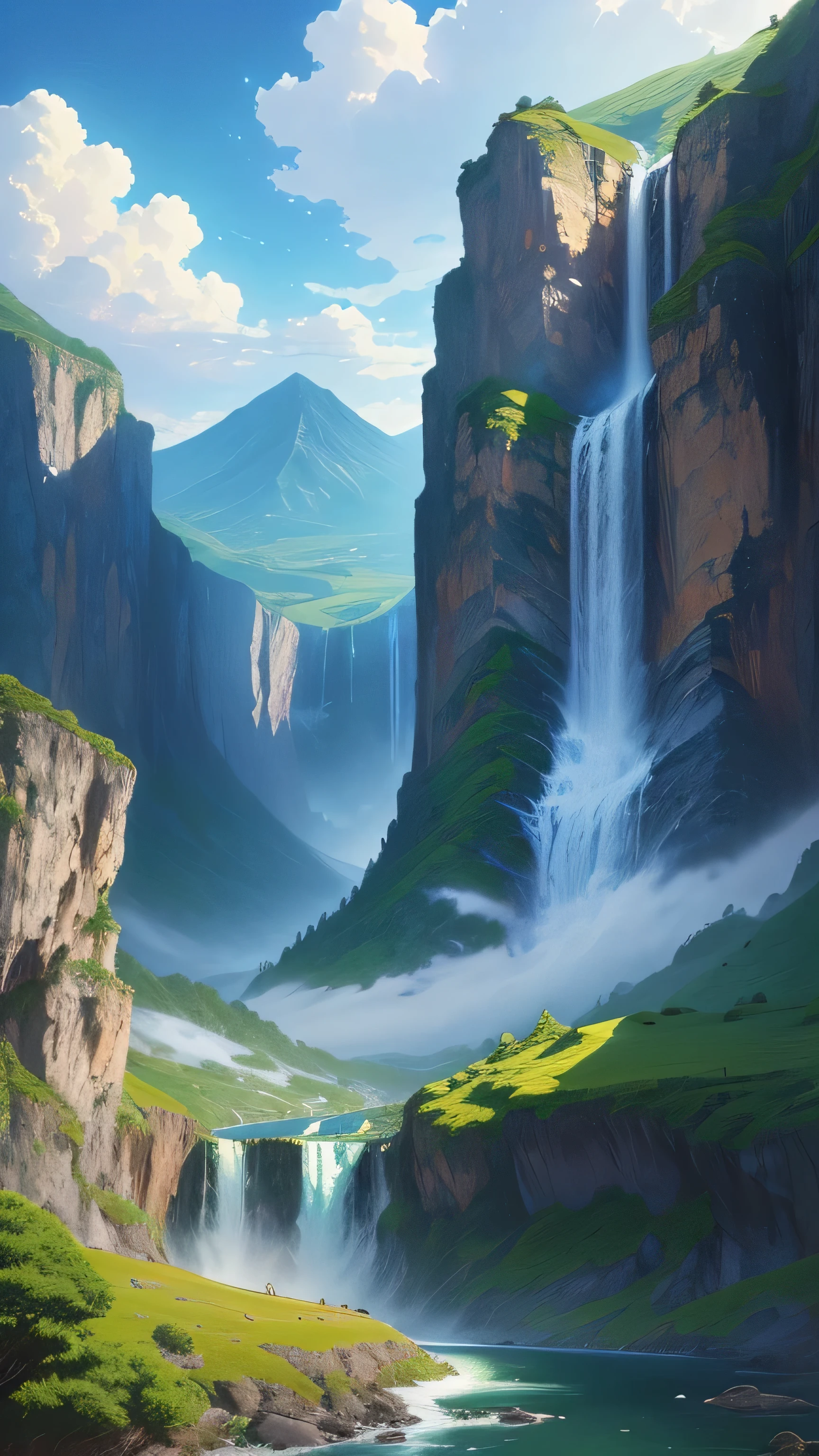 painting of a waterfall and a mountain with a waterfall in the foreground, anime landscape, anime landscape wallpaper, anime nature, anime beautiful peace scene, beautiful anime scenery, anime nature wallpap, anime scenery, anime art wallpaper 4k, anime countryside landscape, anime art wallpaper 4 k, scenery artwork, scenery wallpaper, japanese art style, anime background, beautiful anime scene