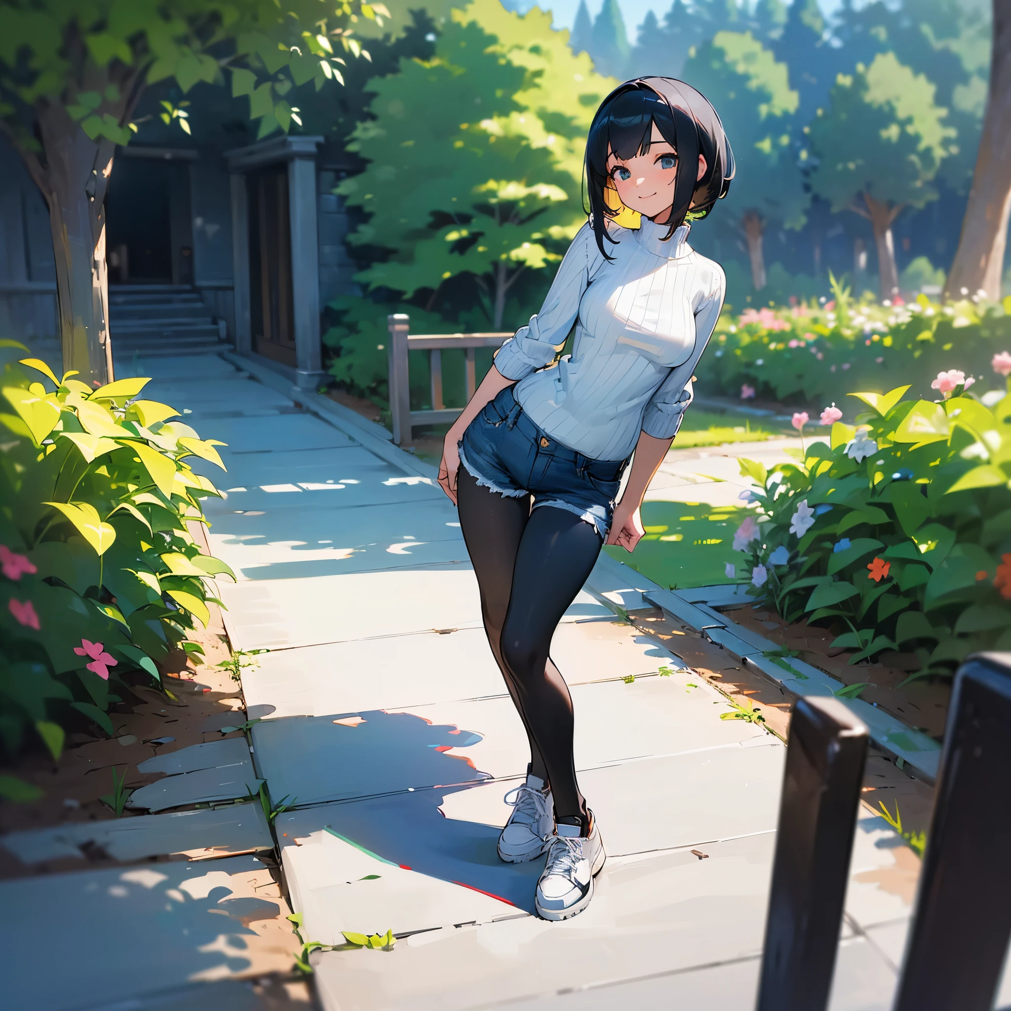 (high quality, High resolution, Very detailed, reality:1.37), Peaceful atmosphere, (Outdoor, garden), Teenage girl standing alone, (my breasts are big.), Beautiful details, Cute Smile, (Black bob hair), Ribbed sweater, Denim shorts, Black tights, sneakers.