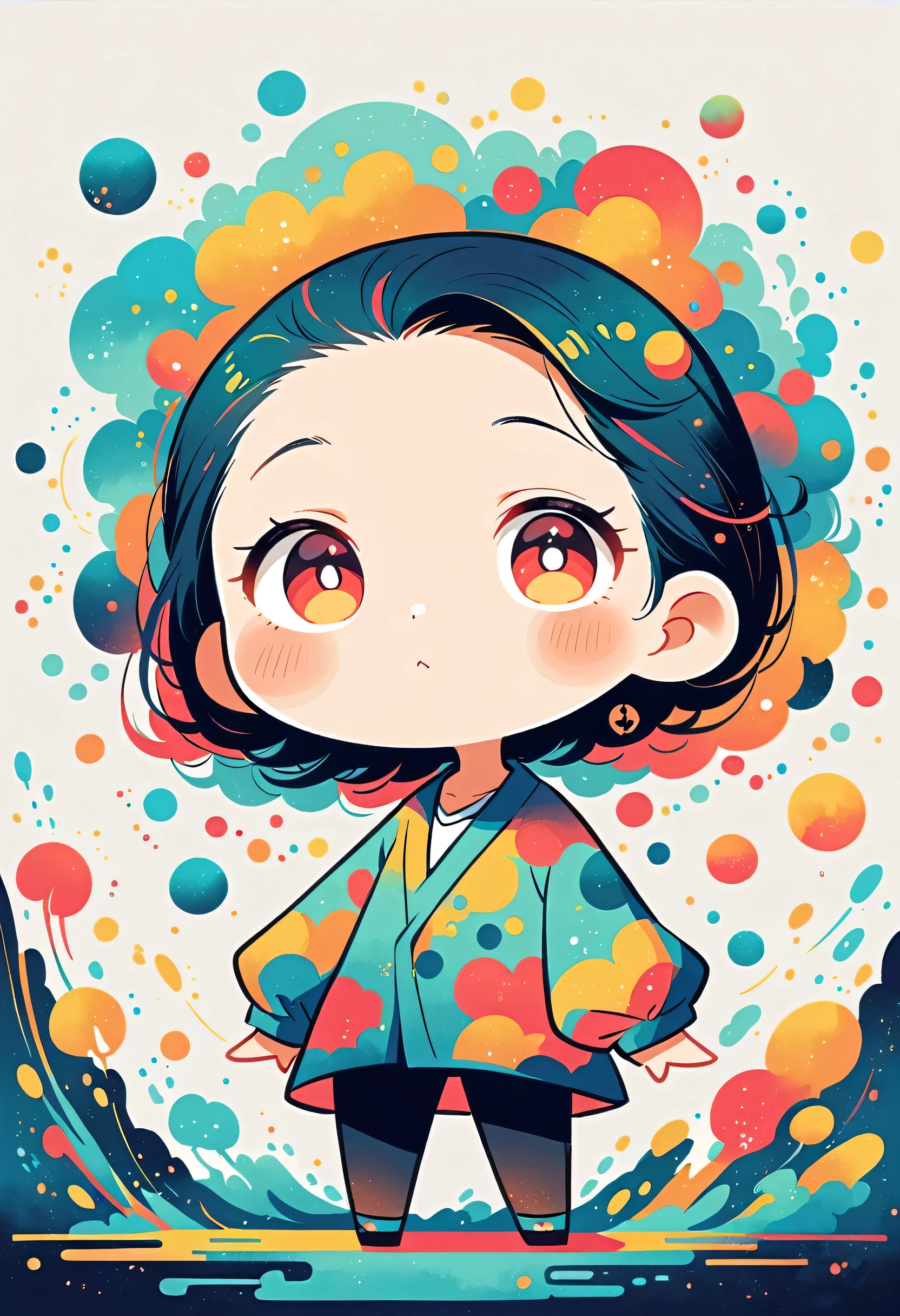 Watase Seizo style, Standing in front of a high wall,Simple Line Initialism,Abstract art,galactic universe Background, (((The most beautiful girl))), (((chibi)))