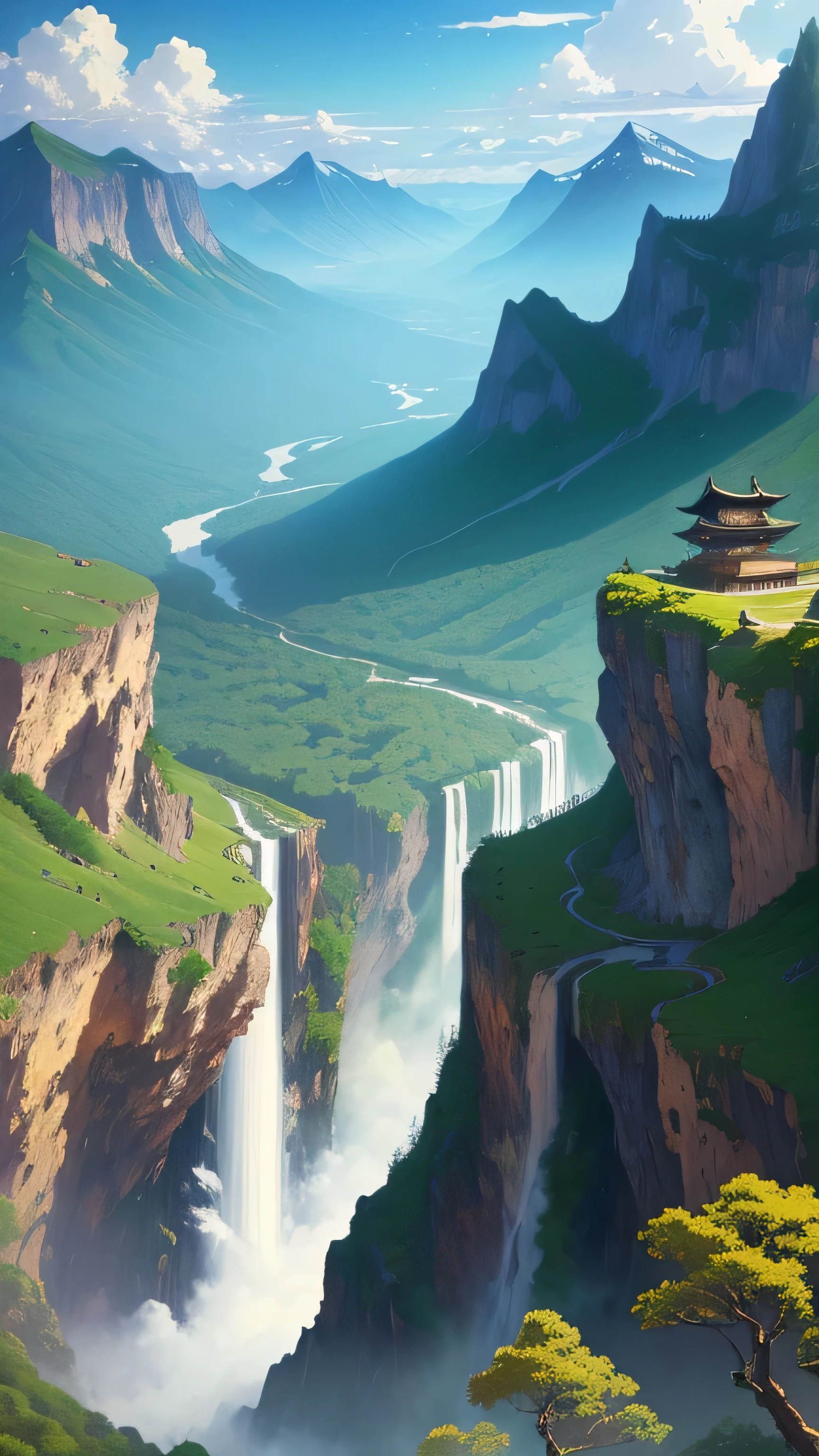 painting of a waterfall and a mountain with a waterfall in the foreground, anime landscape, anime landscape wallpaper, anime nature, anime beautiful peace scene, beautiful anime scenery, anime nature wallpap, anime scenery, anime art wallpaper 4k, anime countryside landscape, anime art wallpaper 4 k, scenery artwork, scenery wallpaper, japanese art style, anime background, beautiful anime scene