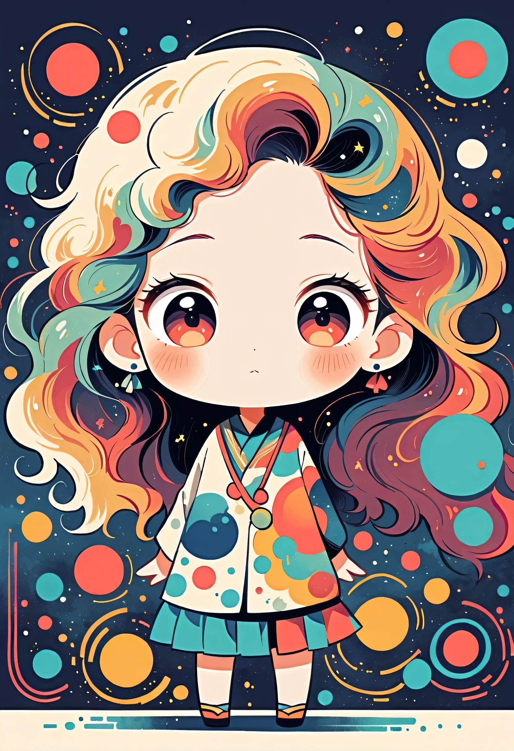 Watase Seizo style, Standing in front of a high wall,Simple Line Initialism,Abstract art,galactic universe Background, (((The most beautiful girl))), (((chibi)))