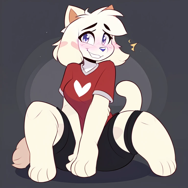 by teranen, by freeedon, by Kilinah, by Coffeesoda, by Hioshiru, by Kilinah, (Chuck jones Type Cartoon Cat, woman, breasts, antrum, extremely detailed, extremely detailed legs, extremely detailed arms, extremely detailed face, perfectly detailed eyes, perfectly detailed anatomy): solo, perspective, curved thighs, huge thighs, curvature, embarrassed smile, (tail), totally blushed, nervous, sitting down and doing a pin up pose, wearing red t shirt, wearing black shorts, high quality, crisp,