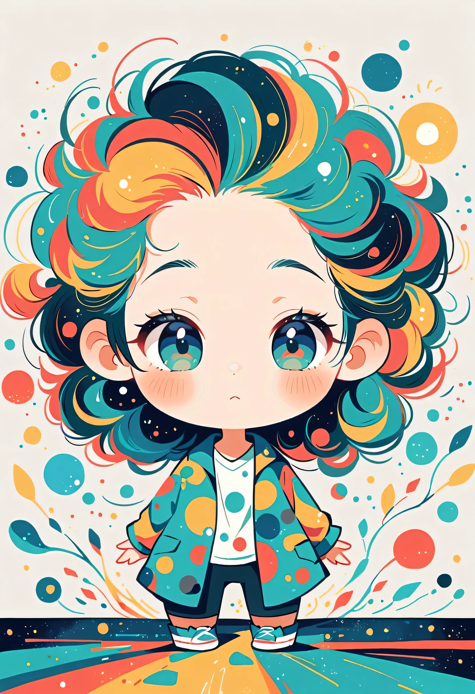 Watase Seizo style, Standing in front of a high wall,Simple Line Initialism,Abstract art,galactic universe Background, (((The most beautiful girl))), (((chibi)))
