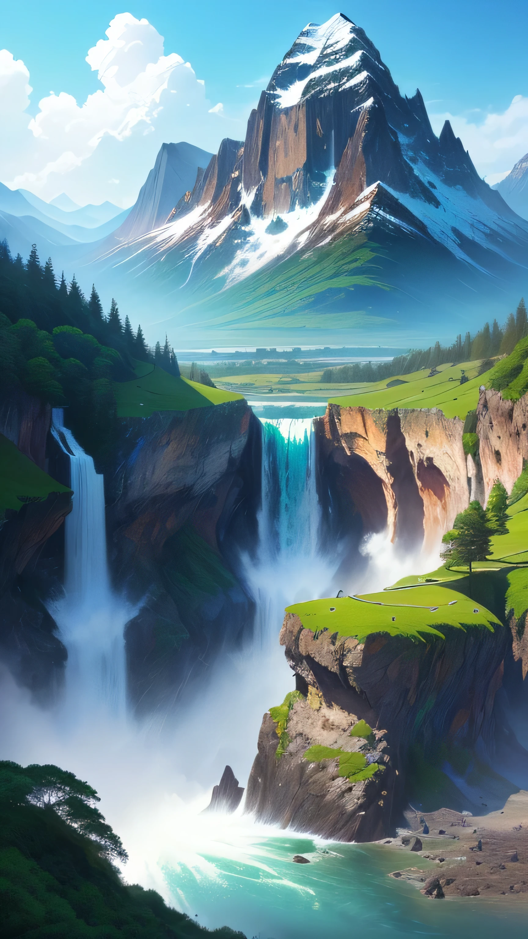 painting of a waterfall and a mountain with a waterfall in the foreground, anime landscape, anime landscape wallpaper, anime nature, anime beautiful peace scene, beautiful anime scenery, anime nature wallpap, anime scenery, anime art wallpaper 4k, anime countryside landscape, anime art wallpaper 4 k, scenery artwork, scenery wallpaper, japanese art style, anime background, beautiful anime scene