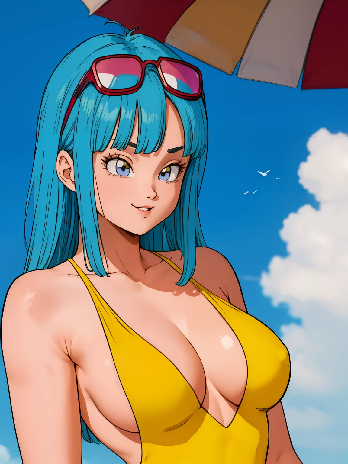 Maron_dbzgirl, high resolution, melhor qualidade, Obra de arte, 8K_definition, detalhes intrincados, UHD, linda garota sozinha, ((in a tight yellow swimsuit)), decote profundo peituda, (Mamilos duros)), (cabelo liso azul claro, franjas), grandes olhos azuis, kind smile, (thick lips), ((rosto corado)), big eyelashes, (((aperto de peito))), (sunglasses on hair), Dia ensolarado, sky background, nuvens, ((Amazing details on the face)), foto em close, ((seen from the angle below))