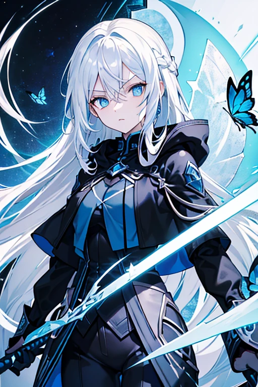 women, long white hair with blue tips and details, blue eyes, star shaped pupils, beautiful, black clothes with dark blue detais, black pants, black cape, blue hood, serious expression, holding a scythe, butterflies