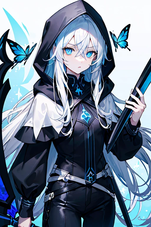 women, long white hair with blue tips and details, blue eyes, star shaped pupils, beautiful, black clothes with dark blue detais, black pants, black cape, blue hood, serious expression, holding a scythe, butterflies 