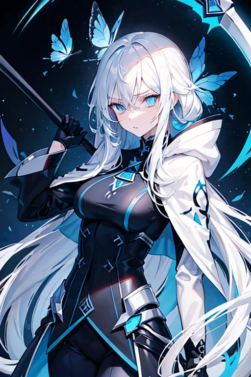 women, long white hair with blue tips and details, blue eyes, star shaped pupils, beautiful, black clothes with dark blue detais, black pants, black cape, blue hood, serious expression, holding a scythe, butterflies