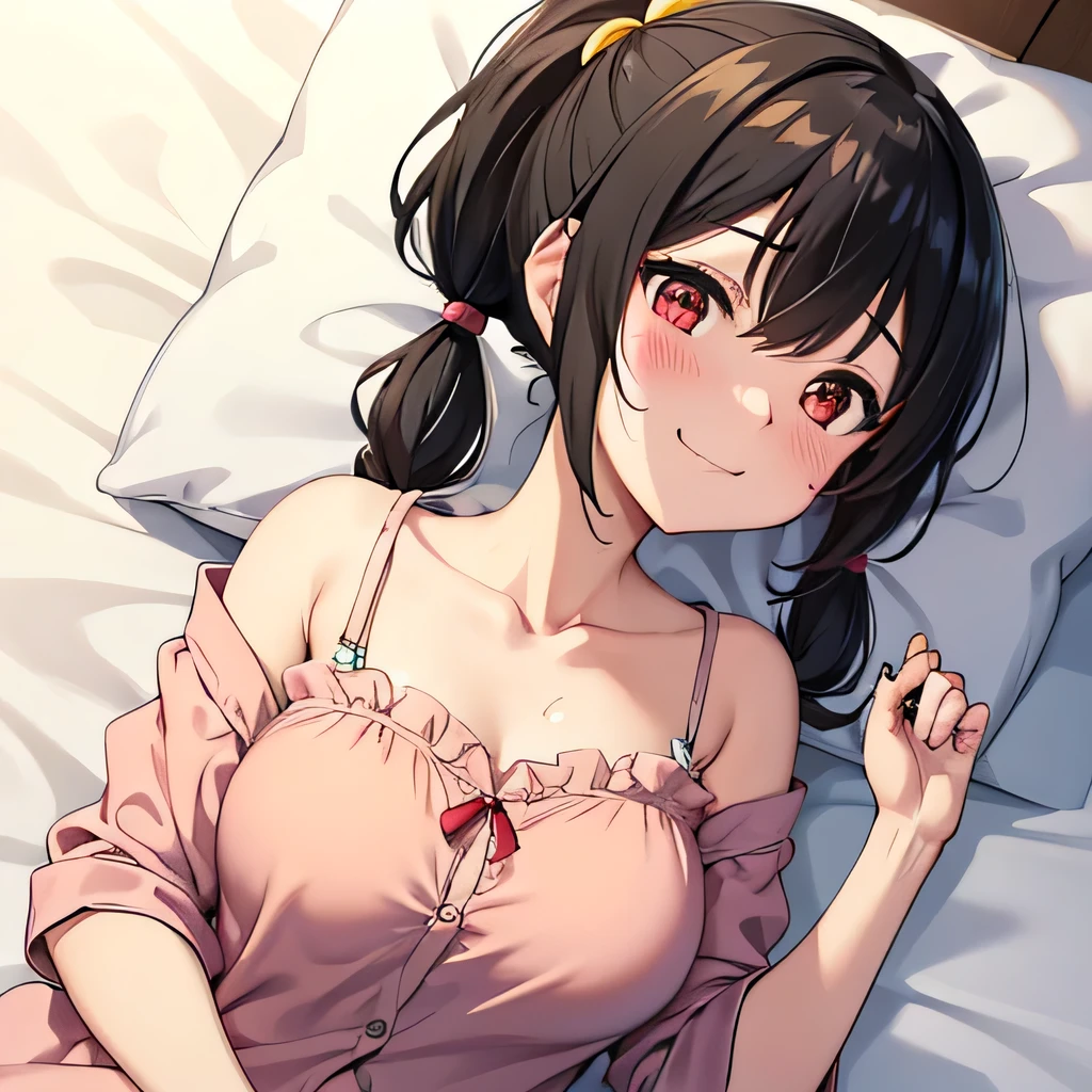 My name is Yunyun - Konosuba break very cute Black Hair Short pigtails Short pigtails tied with red ribbon in front of the shoulders Short pigtails tied low with red ribbon happy smile Big smile Full face blush, large red eyes, and a crooked mouth.々 break Round boobs Yellow shoulder pajamas Lying on your back in bed Sweat Lie face up on the bed The pajamas are yellow