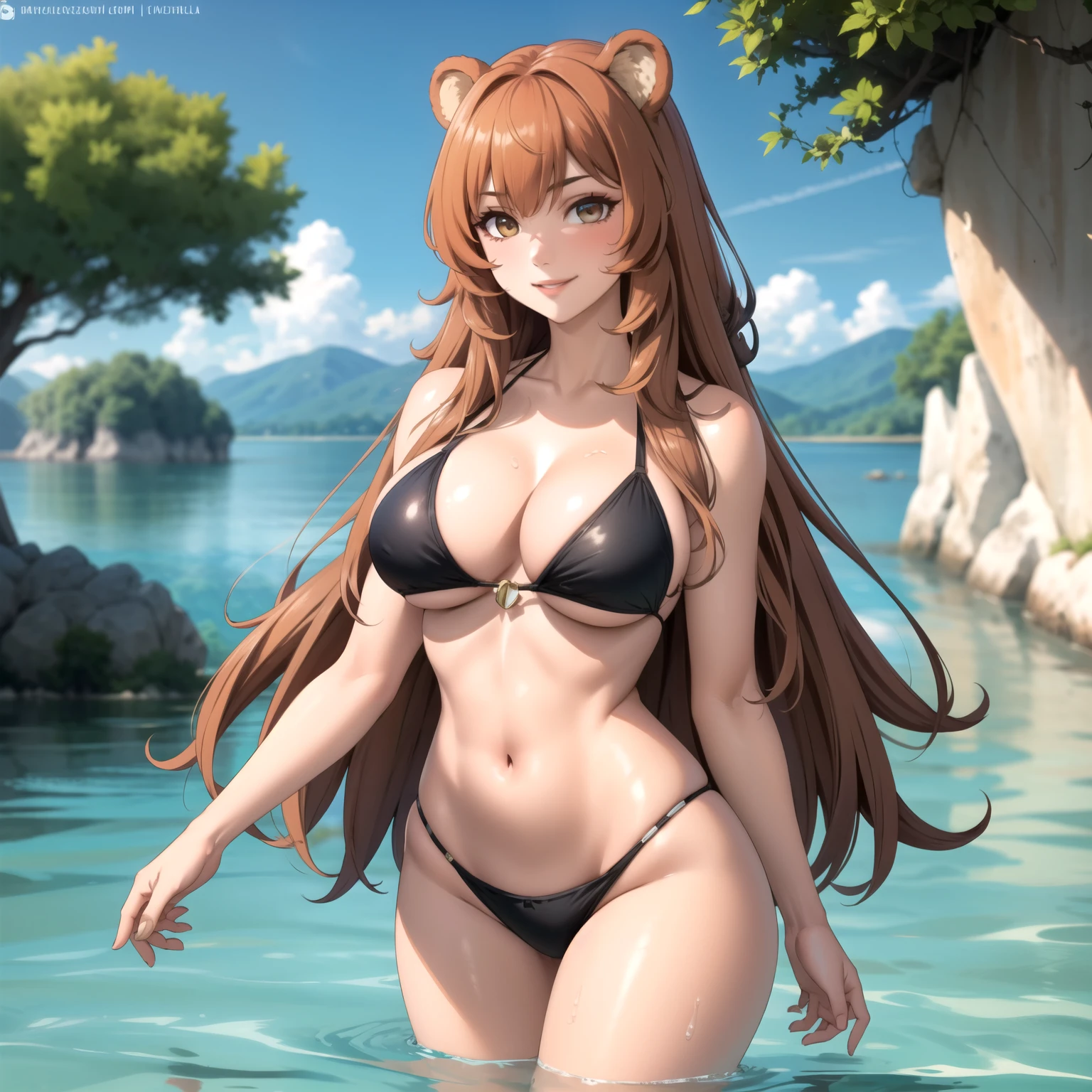 Raphtalia woman 27 años, cabello blanco, pelo blanco, sonrisa hermosa, rubor en mejillas, , orejas de oso, ojos azules, pechos grandes, piel clara detallada, pechos grandes , bikini verde, fondo un lago cristalino reflejo en el agua.