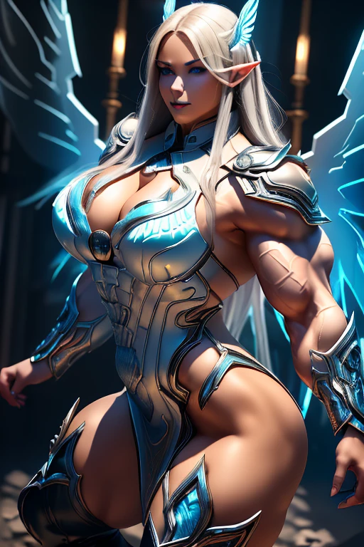 ((((Massive, beautiful, buff, light brown skinned, muscular woman with white hair, black lipstick, glowing blue eyes, huge wings, ginormous bulky muscles, and wearing a beautiful long black futuristic armored cheongsam dress)))), {close view}, massive muscles, massive biceps, huge wings, hyper muscle triceps, (long straight hair), blue eyes, black cheongsam dress, (gauntlets), high heels boots, in a sea of white flames, surrounded by white fire, night, smirk, hyper muscles arms, hyper muscle legs, massive arms.