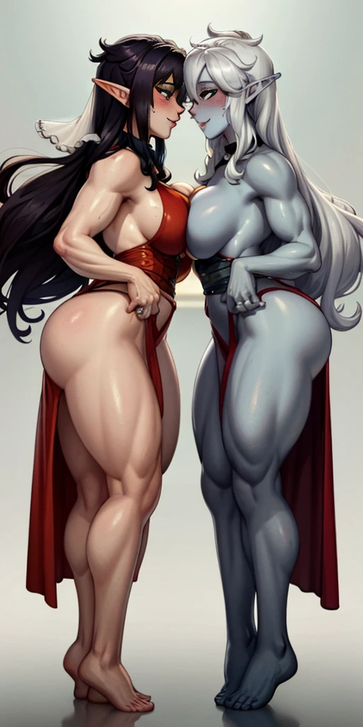 Body position: Standing, straight, symmetrical, barefoot, Lustful smile on face with red blush, 2 girls who gets married and stands in front of many people, kissing, purple skin drow elves