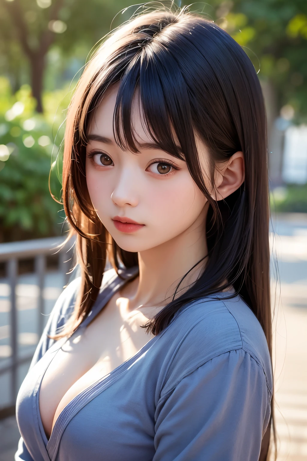 (1 nogizaka girl,raw photo,photo realistic:1.5),(best quality, high quality,HDR, highest quality,ultra high resolution,high resolution,high res,ultra high difinition,huge file size,8K,2K wallpaper,8K wallpaper,high quality texture,amazing,an extremely delicate:1.4),one girl, Japanese famous idol,beautiful face,small face,absurd,ridiculous,incredibly ridiculous,portrait,breasts close up,blurry background,(school uniform,cleavage,no makeup:1.2),(six_heads tall),medium skin,beautiful skin,detailed skin,six heads tall,black hair,silky hair,(Japanese eyes:1.3),detailed eyes,black eyes,Japanese idol eyes,triangle eyes,Japanese nose,5-fingers,(Light Particles, Lens Flare, Luminous Particles: 0.7),looking at viewer,bright lighting,professional lighting,girl
