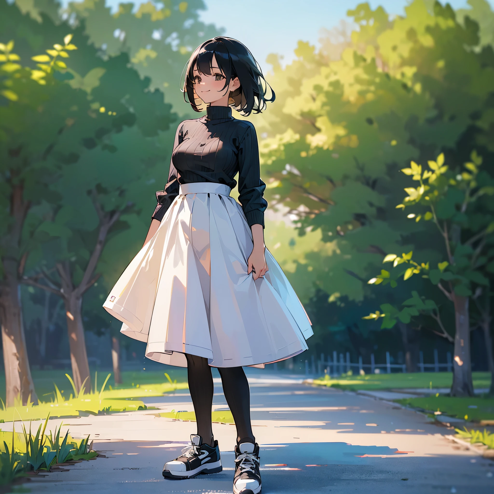 (high quality, High resolution, Very detailed, reality:1.37), Peaceful atmosphere, (Outdoor, garden), Teenage girl standing alone, (my breasts are big.), Beautiful details, Cute Smile, (Black bob hair), Ribbed sweater, Denim shorts, Black tights, sneakers.