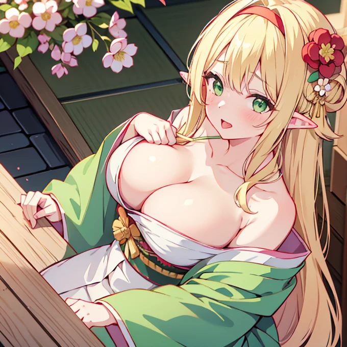 1girl, breasts, looking at viewer, blush, open mouth, blonde hair, large breasts, hair ornament, green eyes, flower, ahoge, hetero, hairband, japanese clothes, solo focus, tongue, pointy ears, hair flower, kimono, breasts squeezed together, (((large breasts))),((cleavage))