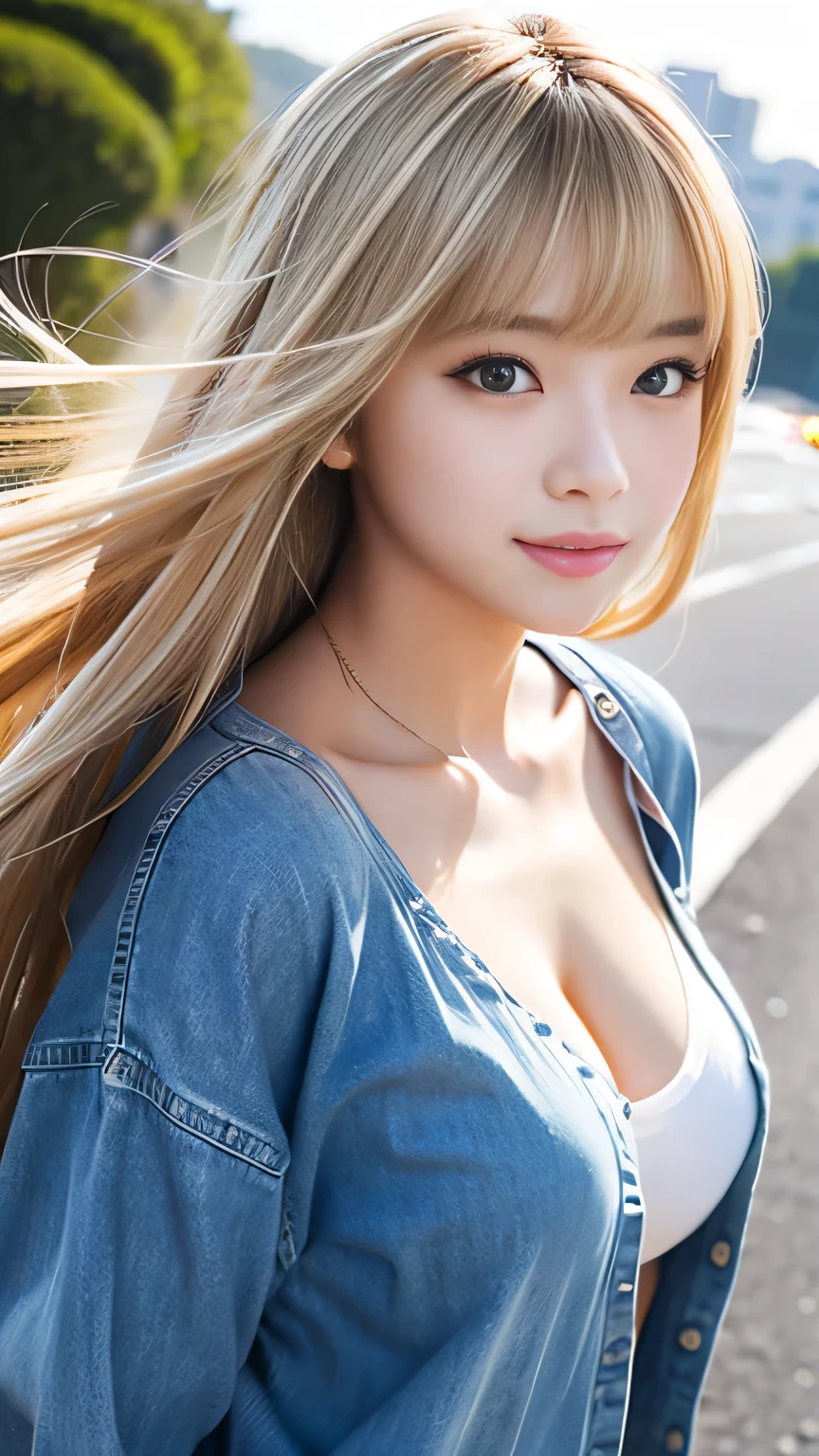 Campaign Girl、Sexy Big 、A cute -yeld giwith a sexy and cute look, beautiful and sexy face、A strong wind blows my hair in front of my face、With straight blonde hair、beautiful, Cute and sexy eyes hidden behind long bangs、Companion Girl