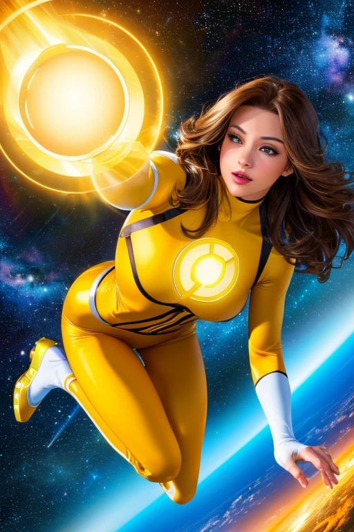 (best quality,4k,8k,highres,masterpiece:1.2),ultra-detailed,(realistic,photorealistic,photo-realistic:1.37),,superhero,sexy ,(Masterpiece, 4k resolution, ultra-realistic, very detailed) masterpiece, best quality, 1girl, , brown eyes, yellow lantern costume, space background UHD