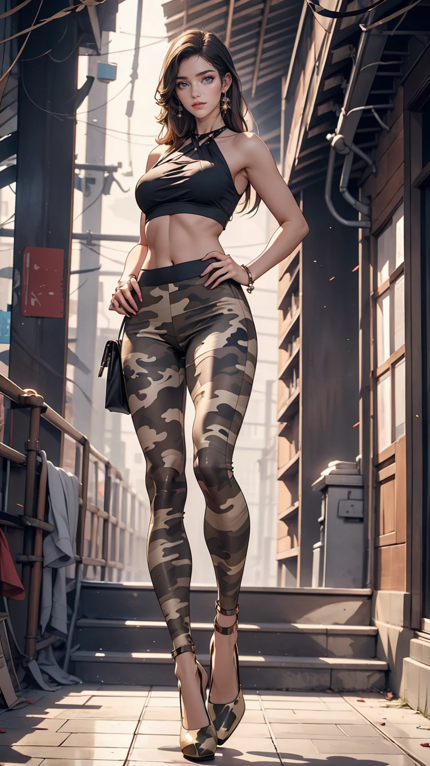 24-year-old female、long hair、Straight Hair、Shiny hair、Sexy proportions、Wear a camouflage cross halter top、Wear low-rise camouflage leggings、Wearing camouflage stiletto heels、smile、Place your hands on your hips、Concrete wall background、Plenty of sunshine、Cowboy Shot